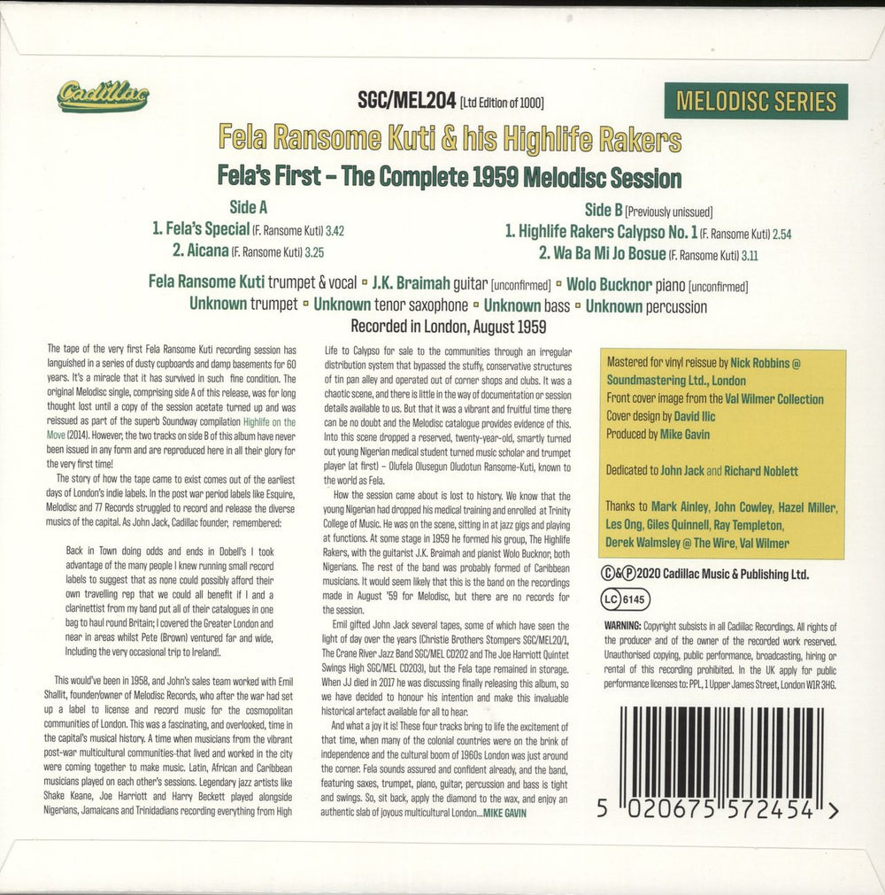 Fela Kuti Fela's First - The Complete 1959 Melodisc Session - RSD20 UK 10" vinyl single (10 inch record) 5020675572454