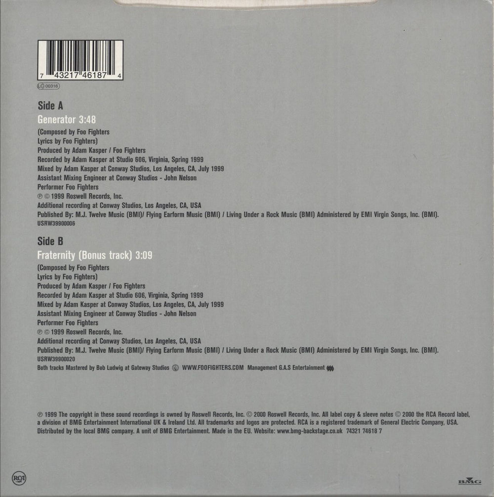 Foo Fighters Generator UK 7" vinyl single (7 inch record / 45) 743217461874