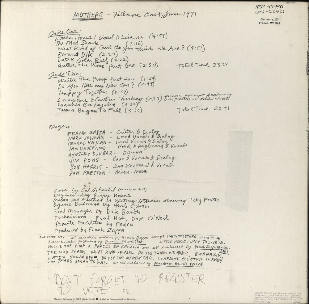 Frank Zappa Fillmore East - June 1971 German vinyl LP album (LP record)