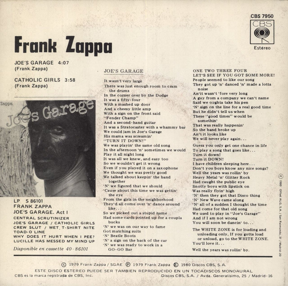 Frank Zappa Joe's Garage (El Garage De Jorge) Spanish 7" vinyl single (7 inch record / 45)