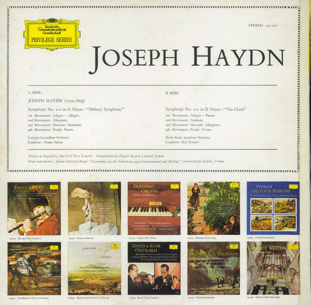 Franz Joseph Haydn Haydn: Symphony No. 100 'Military Symphony' & No. 101 'The Clock' German vinyl LP album (LP record)