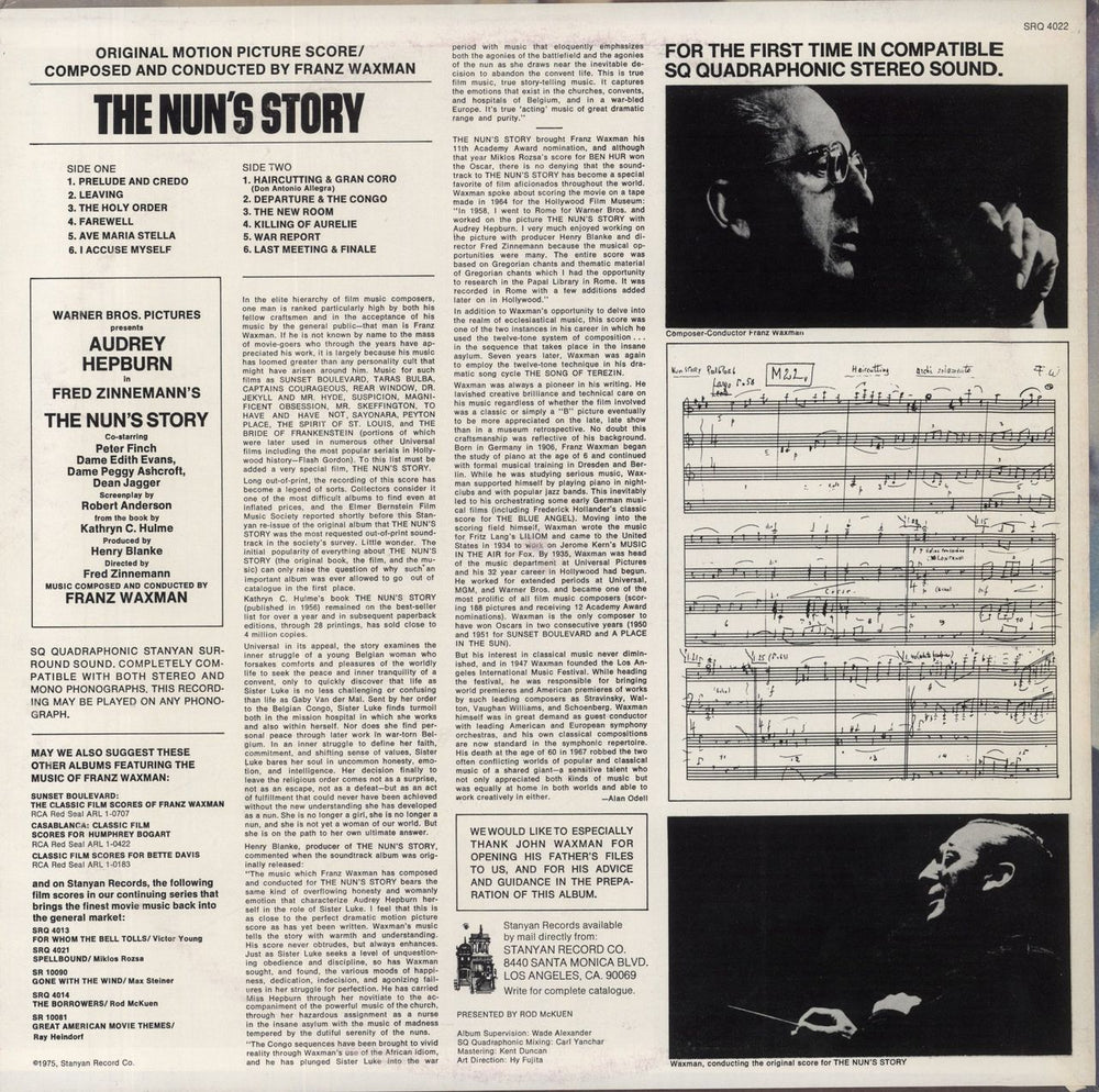 Franz Waxman The Nun's Story US vinyl LP album (LP record)