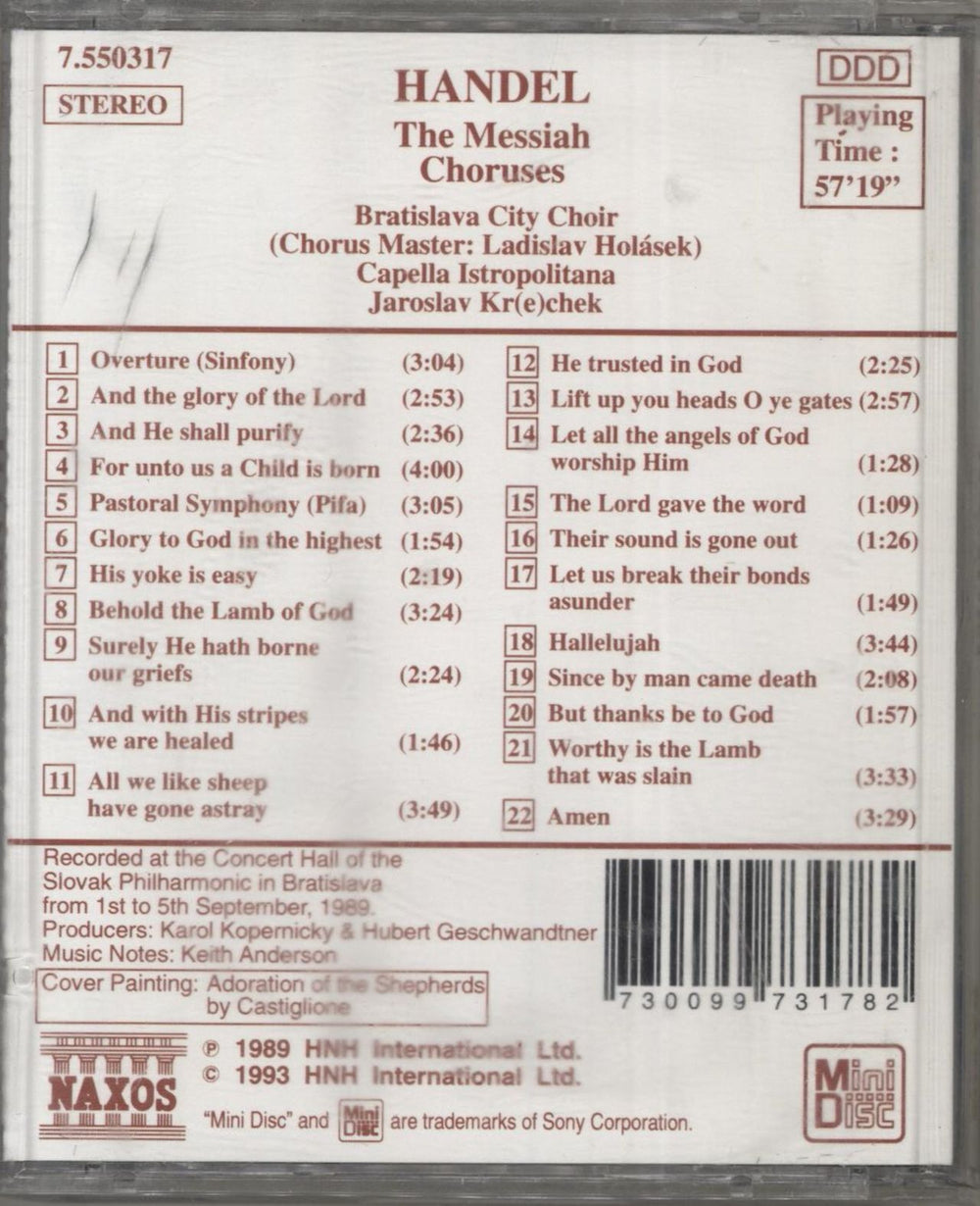 George Frideric Handel Messiah Choruses UK mini disc (MD) HJRMDME853511
