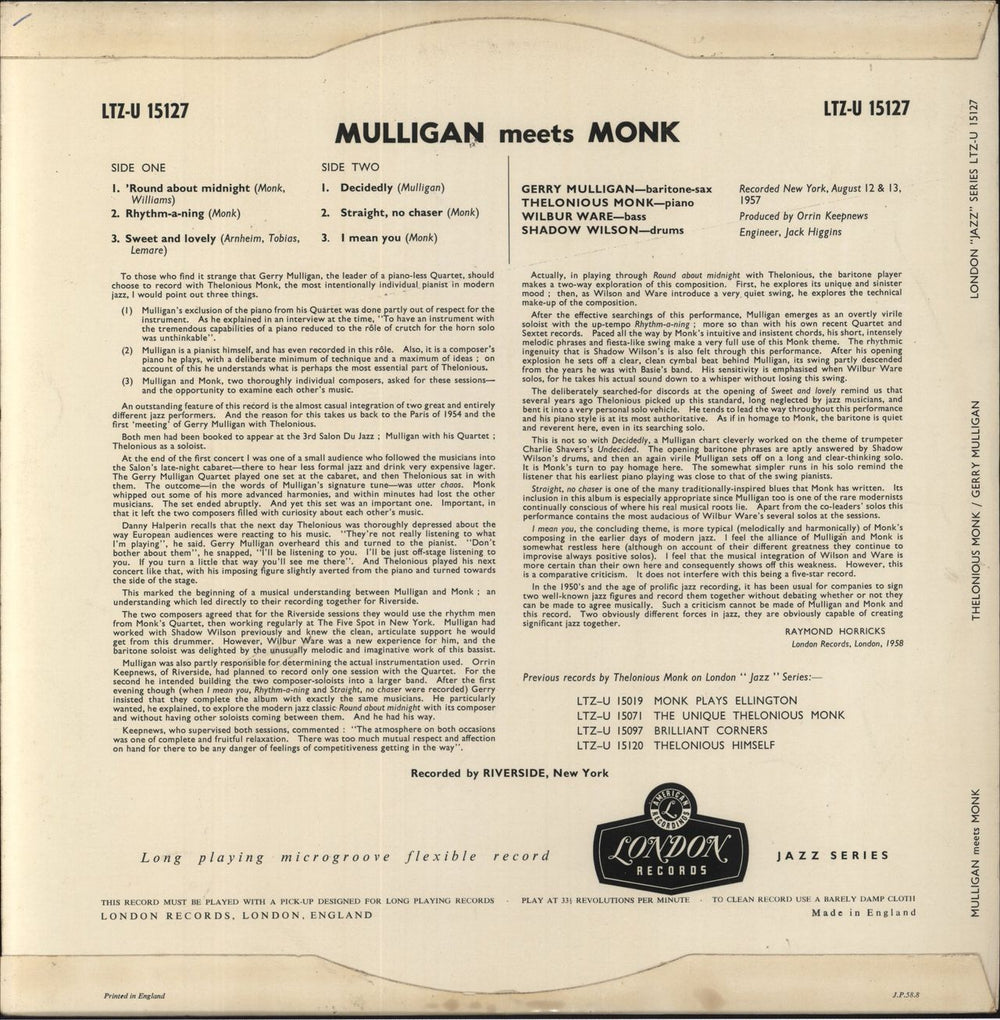 Gerry Mulligan Mulligan Meets Monk UK vinyl LP album (LP record)
