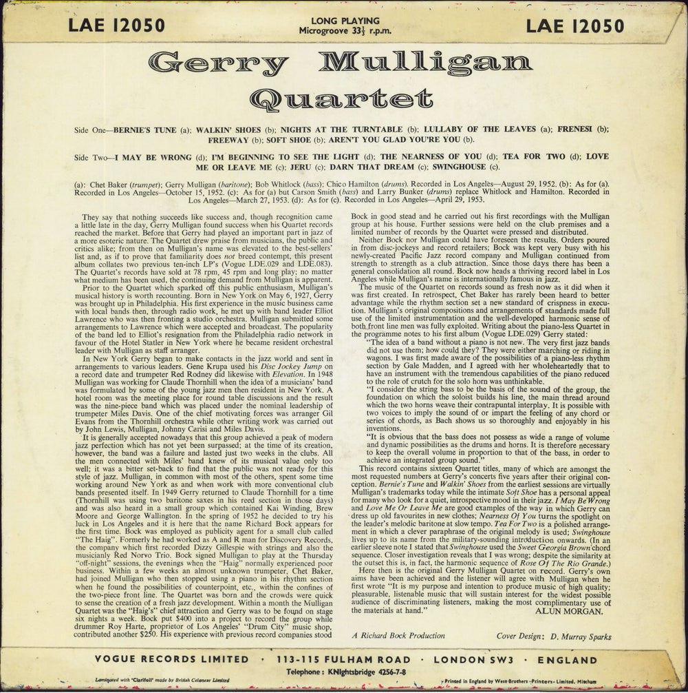 Gerry Mulligan The Gerry Mulligan Quartet UK vinyl LP album (LP record)