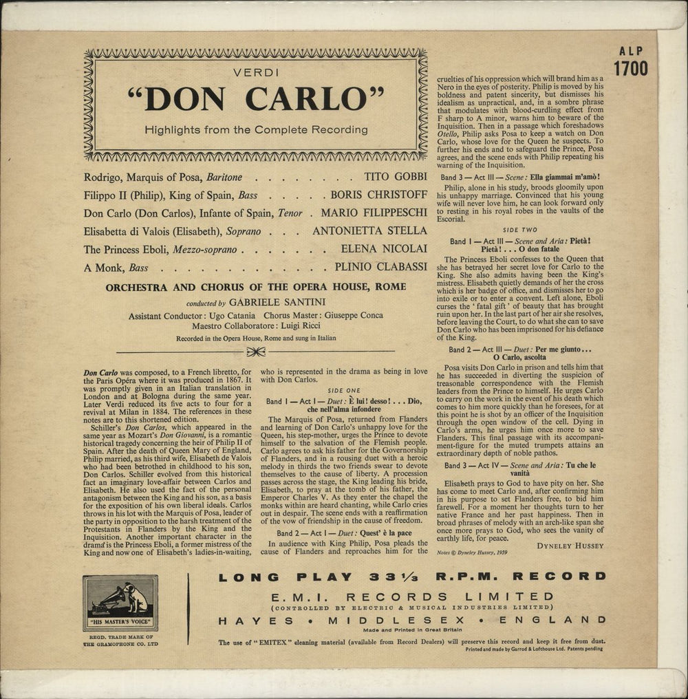 Giuseppe Verdi Don Carlo (Highlights From The Complete Recording) UK vinyl LP album (LP record)