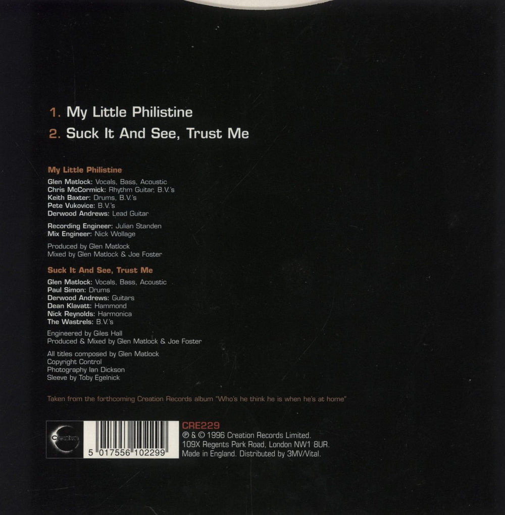 Glen Matlock My Little Philistine UK 7" vinyl single (7 inch record / 45) 5017556102299