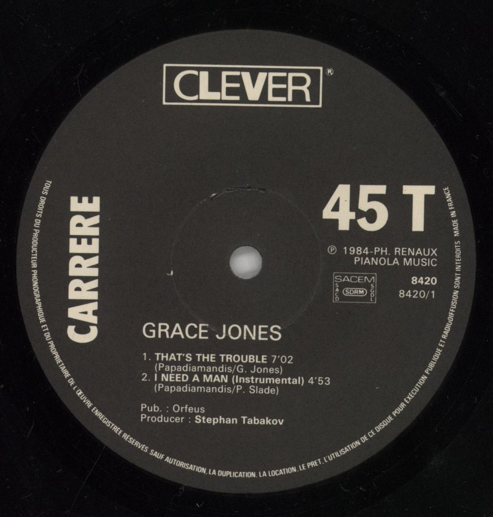 Grace Jones I Need A Man French 12" vinyl single (12 inch record / Maxi-single) GJO12IN42360