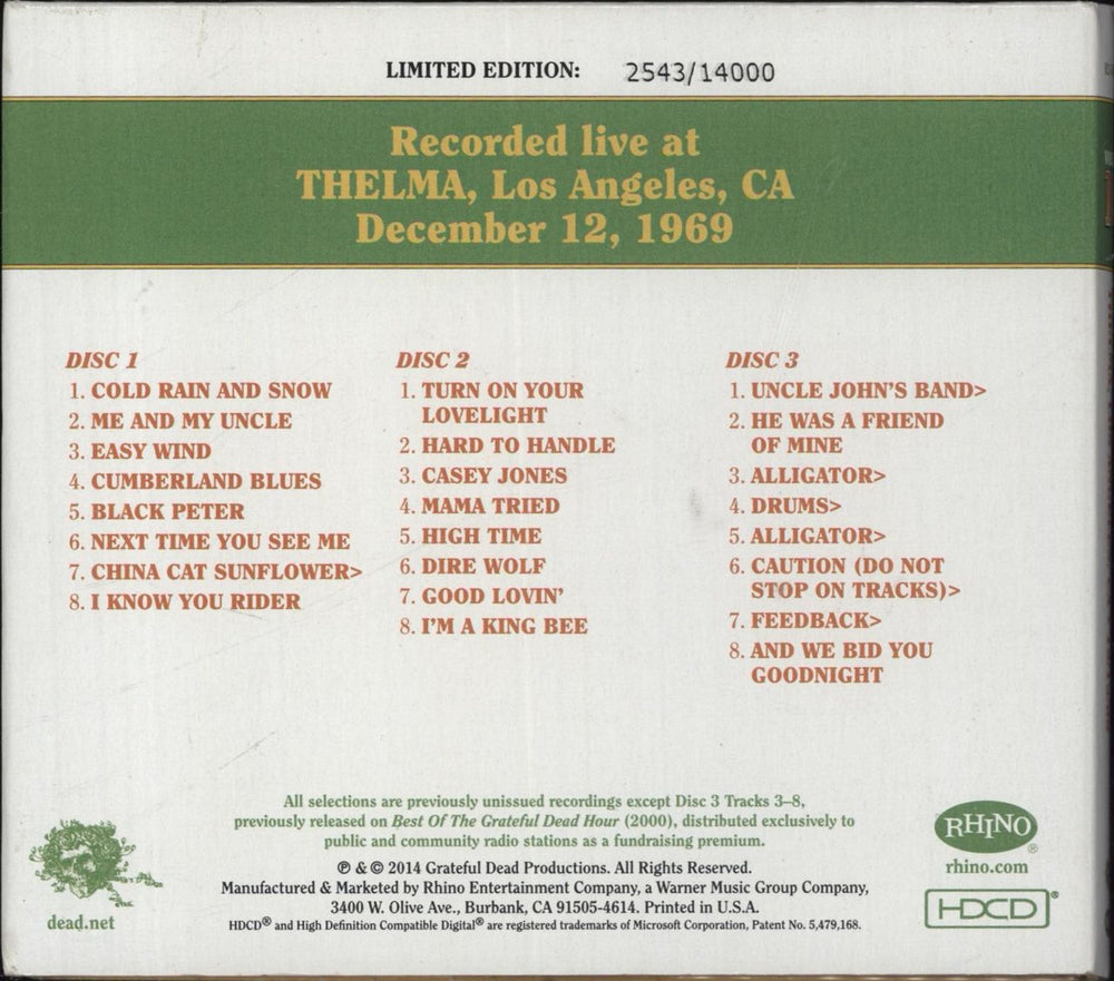 Grateful Dead Dave's Picks Volume 10: Thelma, Los Angeles, CA 12/12/69 US 3-CD album set (Triple CD)