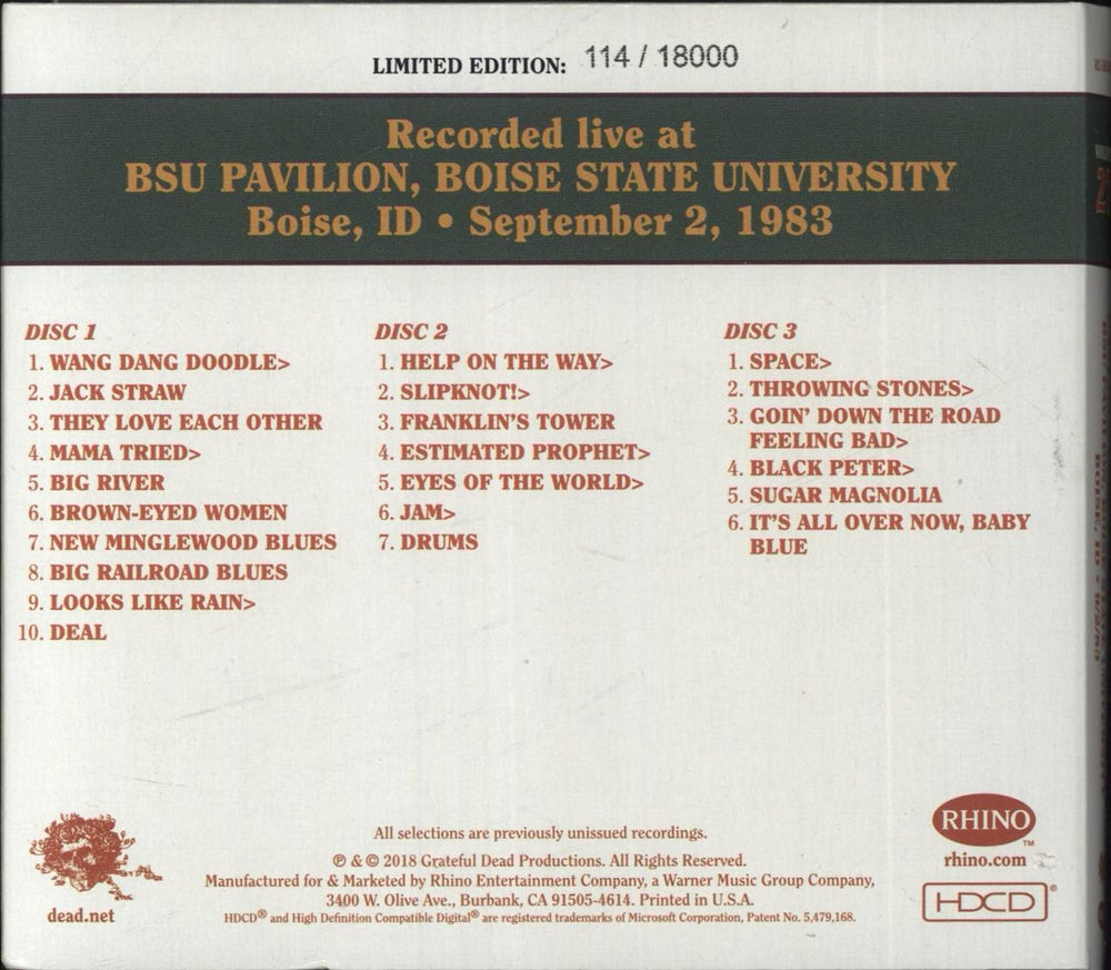 Grateful Dead Dave's Picks Volume 27: BSU Pavilion, Boise State University, Boise, ID 9/2/83 US 3-CD album set (Triple CD)