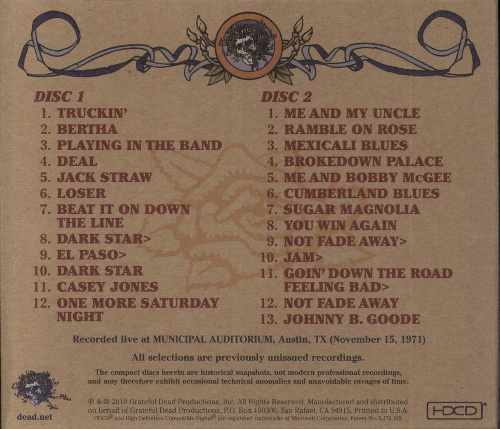 Grateful Dead Road Trips Vol. 3 No. 2: Austin 11-15-71+ Bonus CD US 2 CD album set (Double CD)