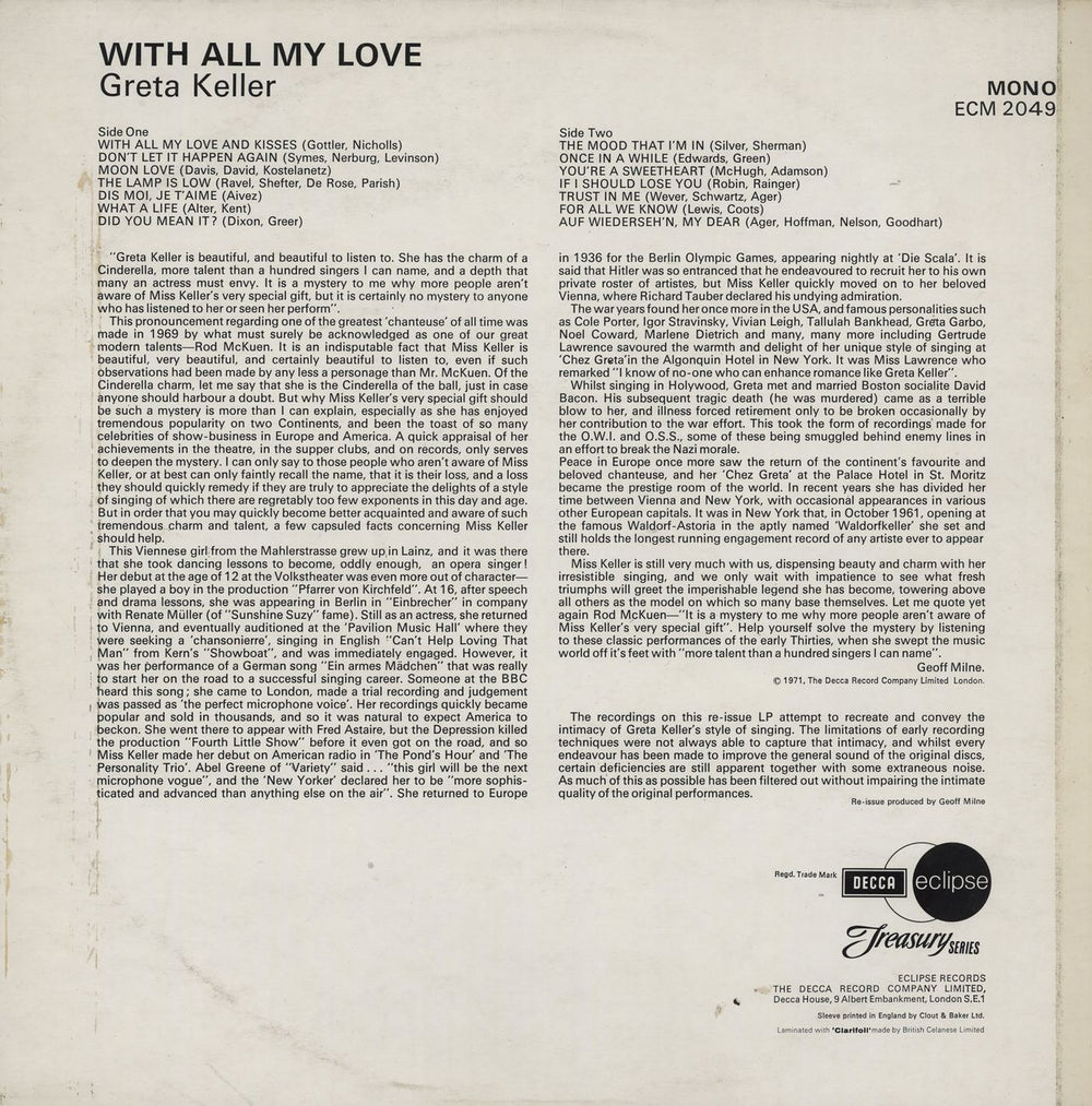 Greta Keller With All My Love UK vinyl LP album (LP record)