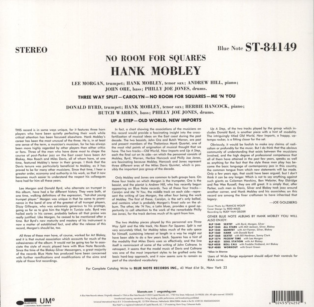 Hank Mobley No Room For Squares - 180gm US vinyl LP album (LP record) 602455242525