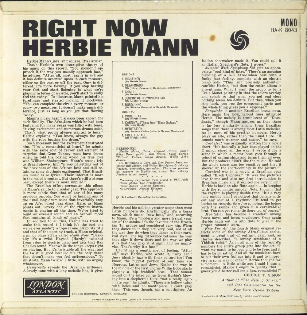 Herbie Mann Right Now UK vinyl LP album (LP record)