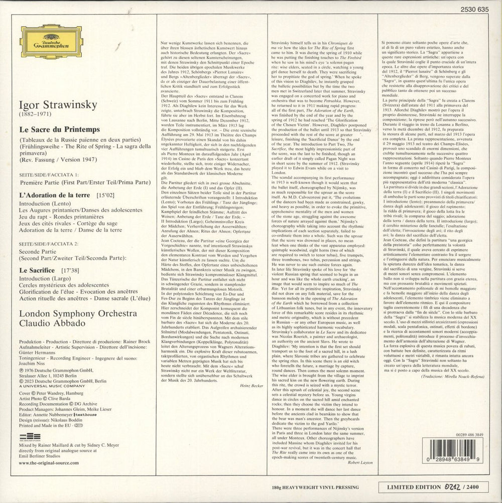 Igor Stravinsky Stravinsky: Le Sacre du Printemps - The Original Source Series 180 Gram UK vinyl LP album (LP record) 028948638499