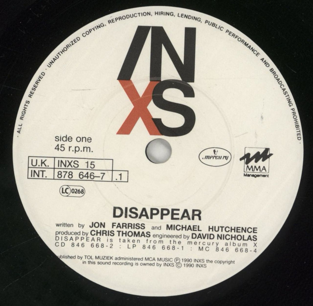 Inxs Disappear - Hype-Sticker UK 7" vinyl single (7 inch record / 45) INX07DI876157