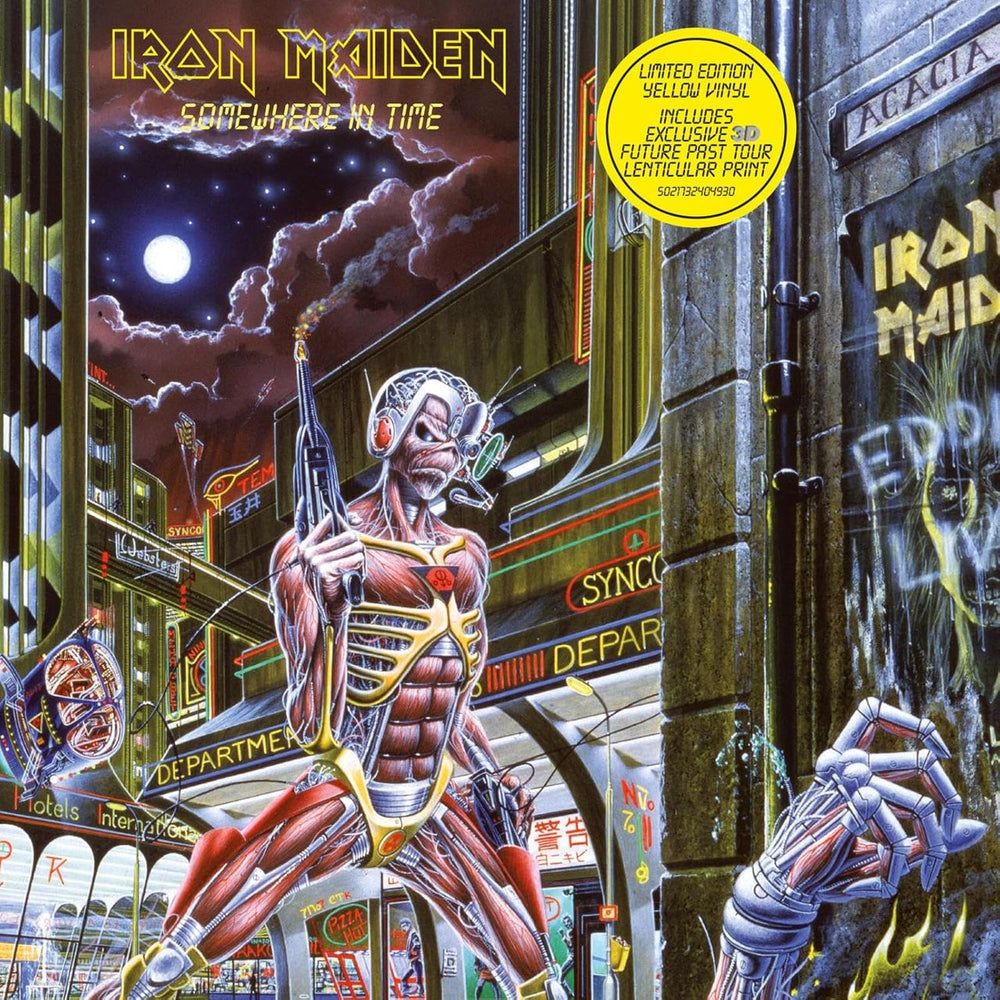 Iron Maiden Somewhere In Time - Yellow Vinyl + 3D Future Past Tour Lenticular Print - Sealed UK vinyl LP album (LP record) 5021732404930