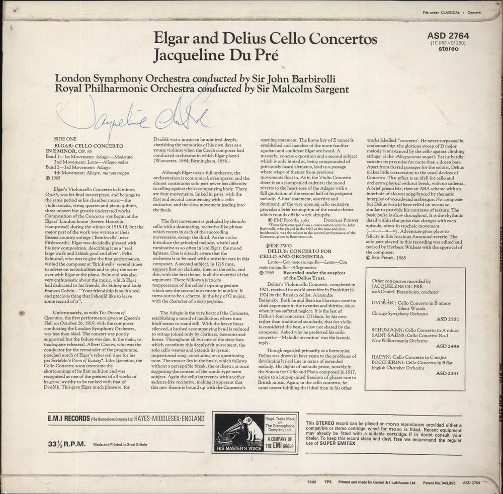 Jacqueline Du Pré Elgar & Delius Cello Concertos - Autographed UK vinyl LP album (LP record)
