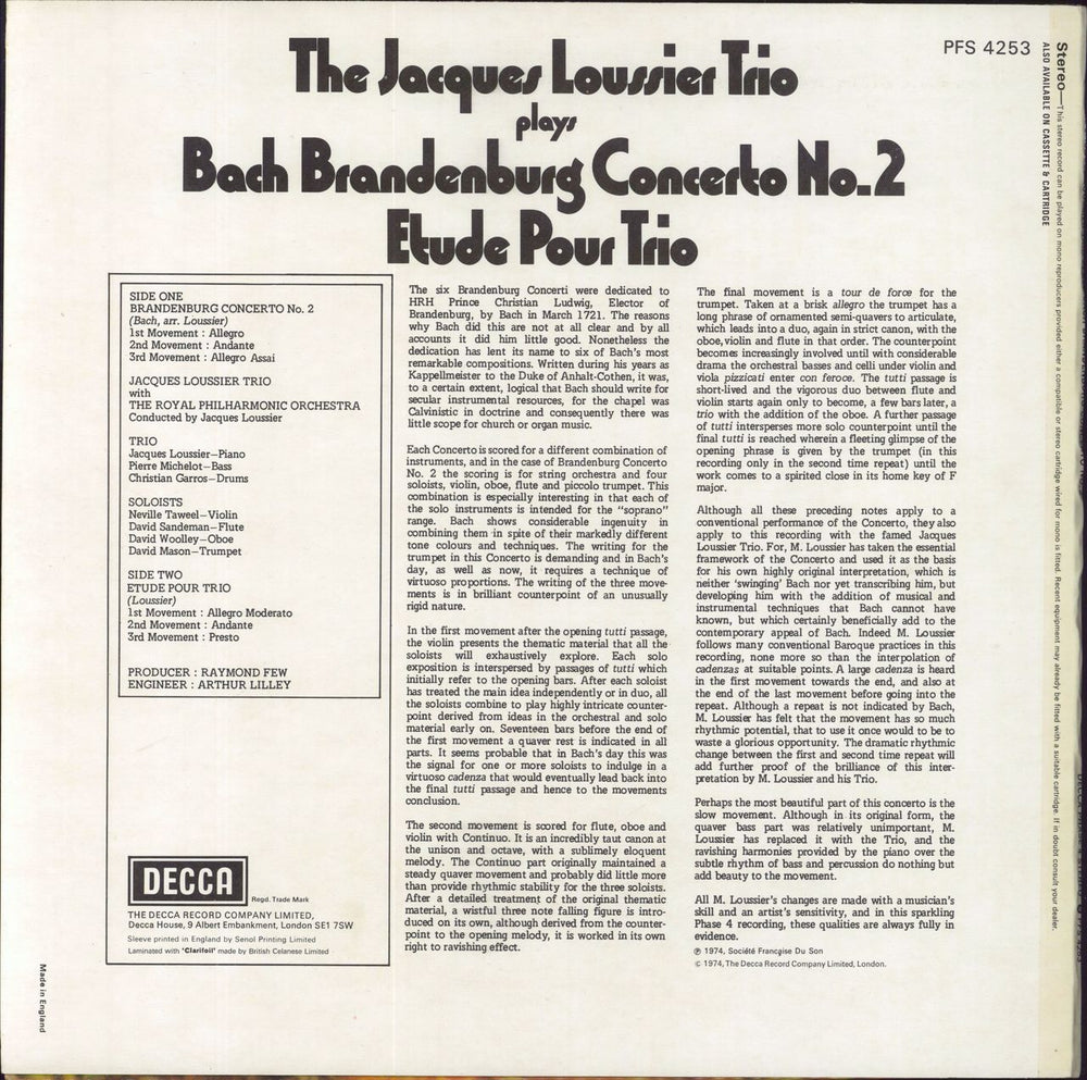 Jacques Loussier Bach's Brandenburg Concerto No. 2 UK vinyl LP album (LP record) JCQLPBA820925