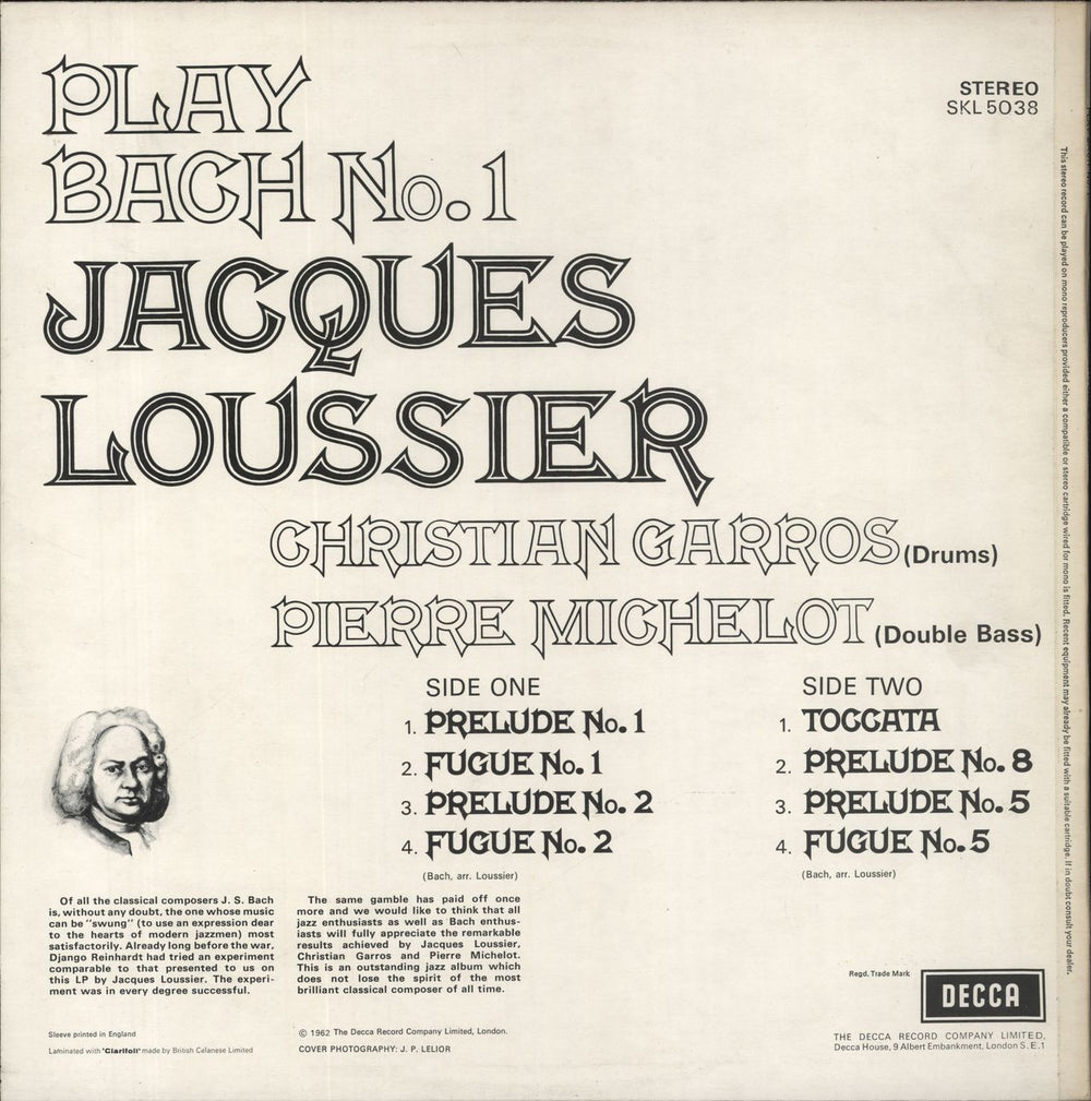 Jacques Loussier Play Bach No. 1 UK vinyl LP album (LP record)