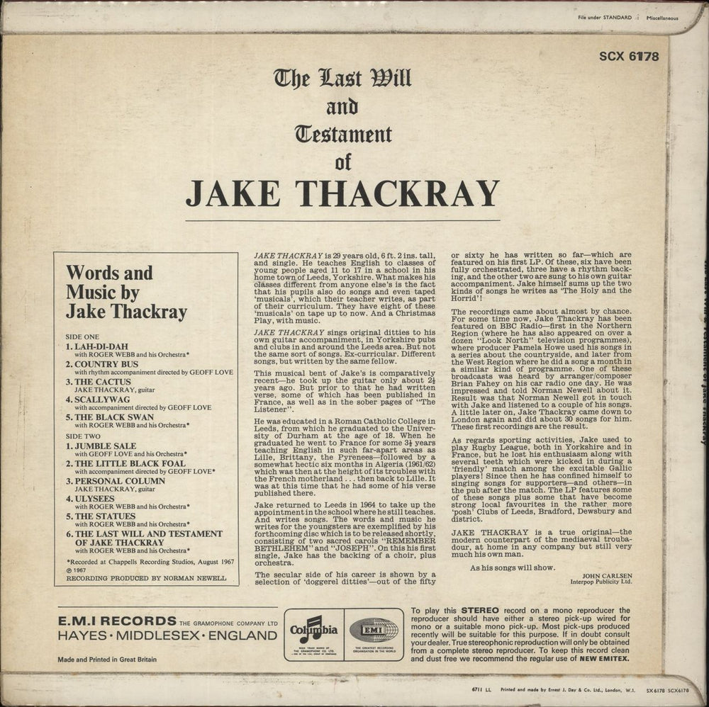 Jake Thackray The Last Will And Testament Of Jake Thackray UK vinyl LP album (LP record)