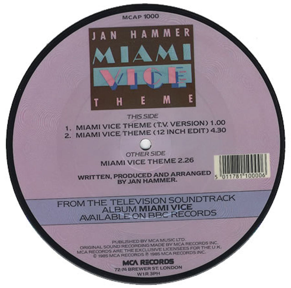Jan Hammer Miami Vice Theme UK 7" vinyl picture disc (7 inch picture disc single) JNH7PMI54179