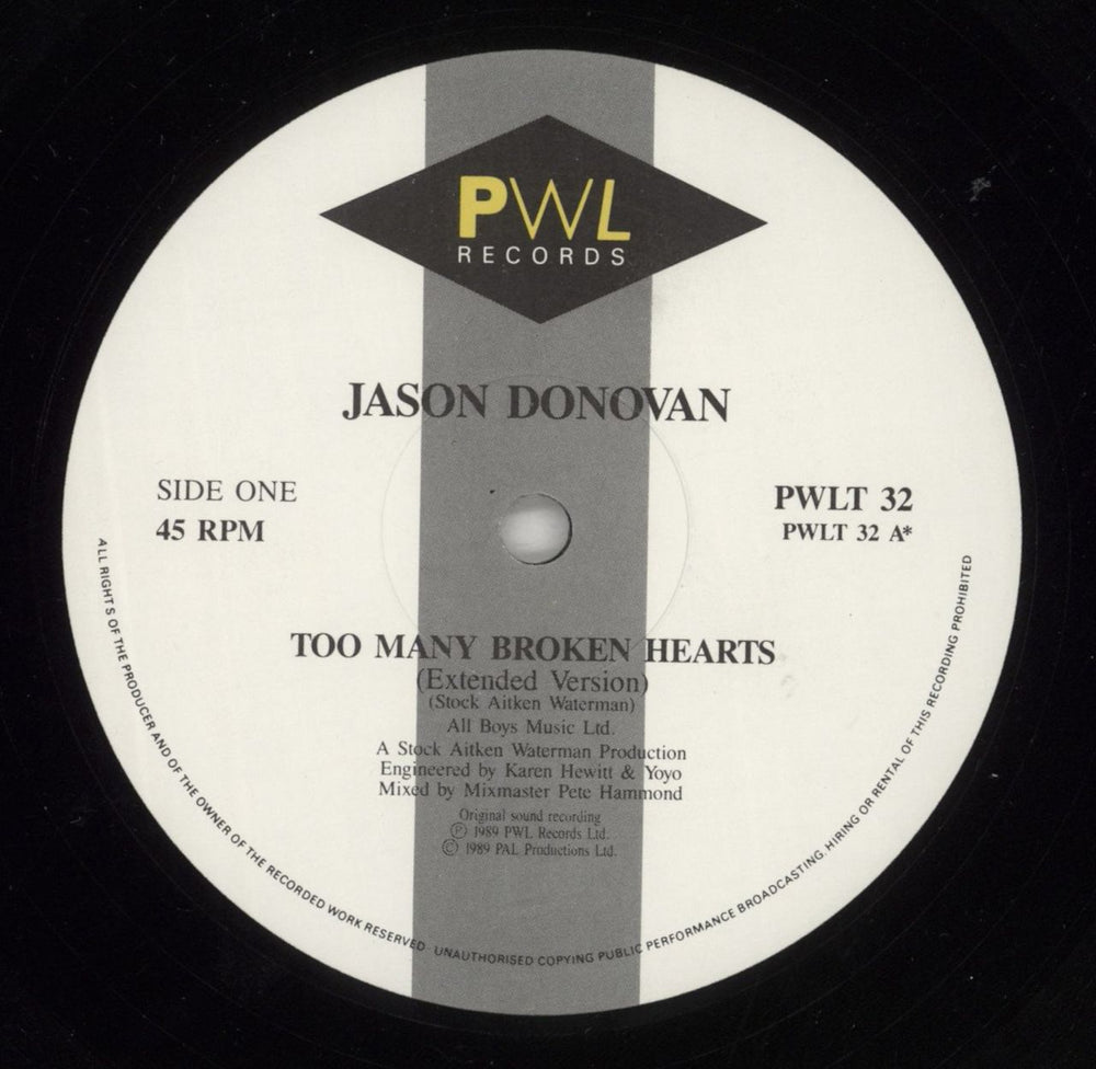 Jason Donovan Too Many Broken Hearts UK 12" vinyl single (12 inch record / Maxi-single) DON12TO63102