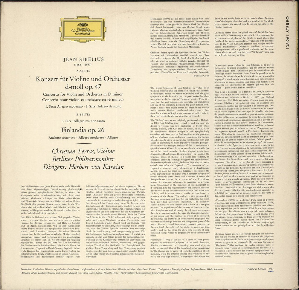 Jean Sibelius Sibelius: Violinkonzert - Finlandia German vinyl LP album (LP record)