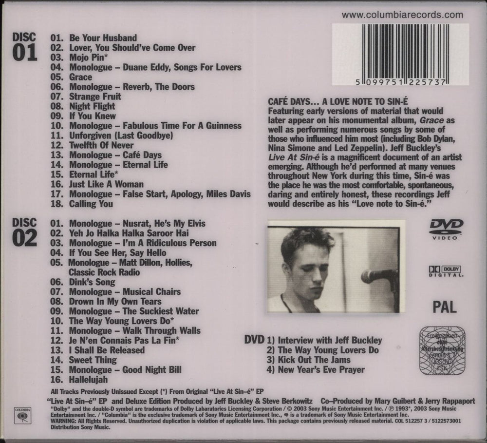 Jeff Buckley Complete Live At Sin-E UK 3-disc CD/DVD Set 5099751225737