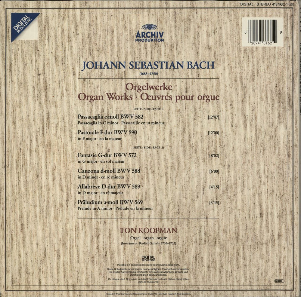 Johann Sebastian Bach Organ Works - Passacaglia BWV 582 / Pastorale BWV 590 / Canzona BWV 588 / Allabreve BWV 589 German vinyl LP album (LP record)