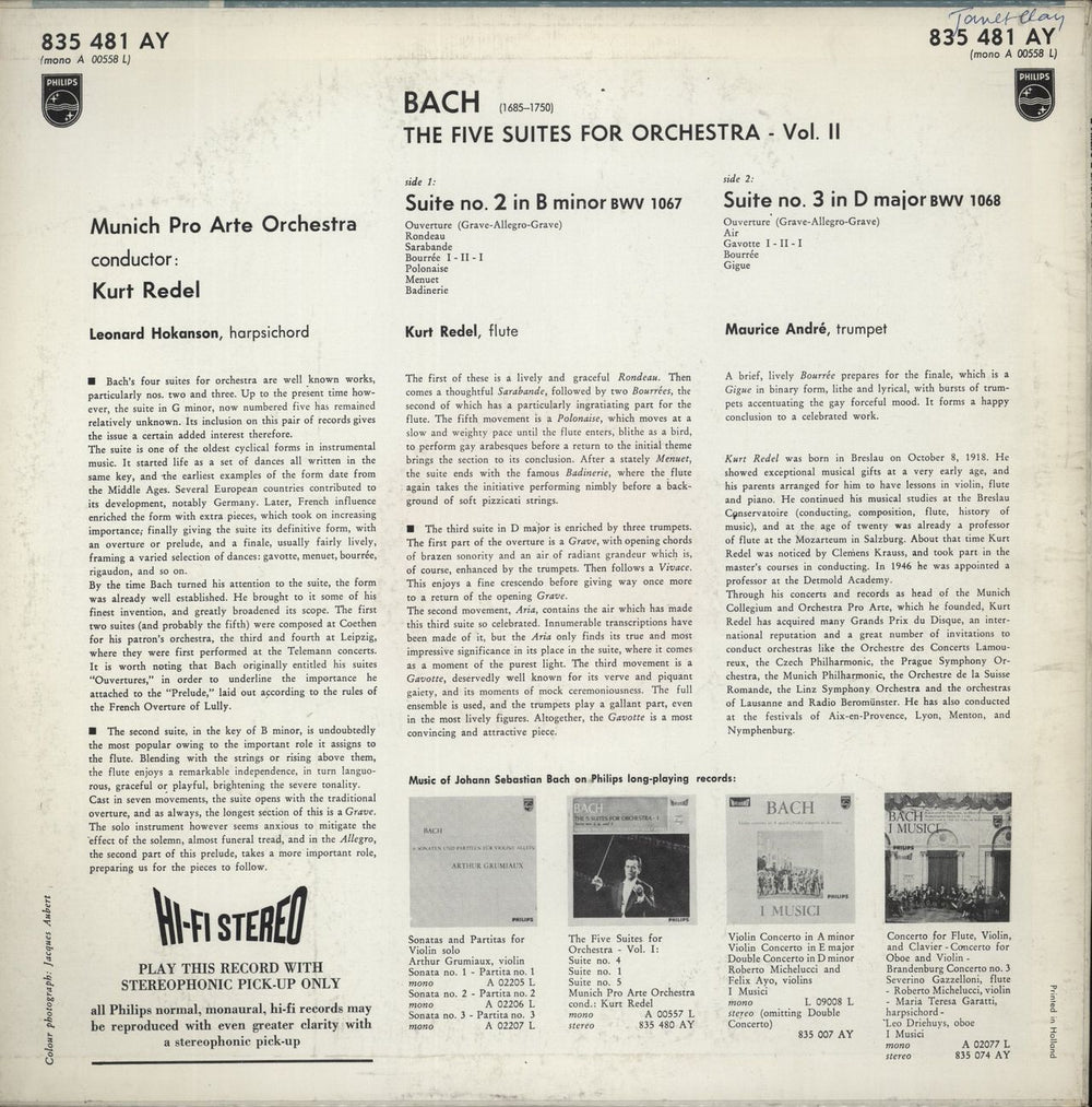 Johann Sebastian Bach The 5 Suites For Orchestra - 2; Suites nos. 2 and 3 - Factory Sample Dutch Promo vinyl LP album (LP record)