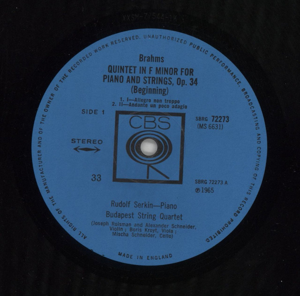 Johannes Brahms Johannes Brahms Piano Quintet In F Minor UK vinyl LP album (LP record) B10LPJO862315