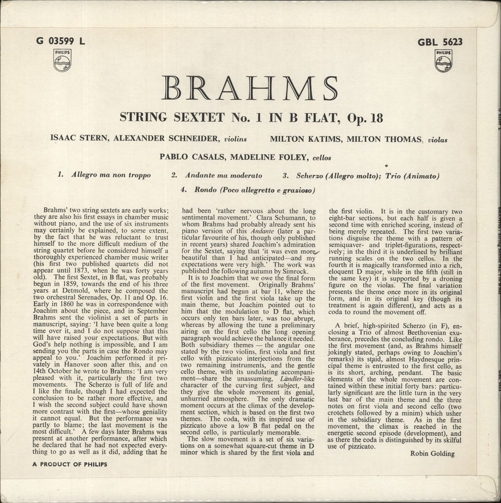 Johannes Brahms String Sextet No. 1 In B Flat, Op.18 UK vinyl LP album (LP record)