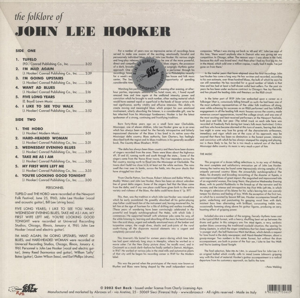 John Lee Hooker The Folk Lore Of - 180gm Italian vinyl LP album (LP record)