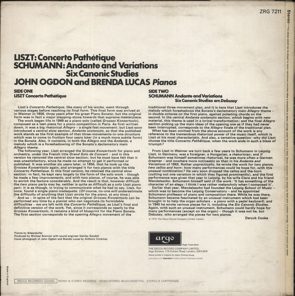 John Ogdon & Brenda Lucas Lizt: Concerto Pathétique / Schumann: Andante & Variations / Six Canonic Studies UK vinyl LP album (LP record)