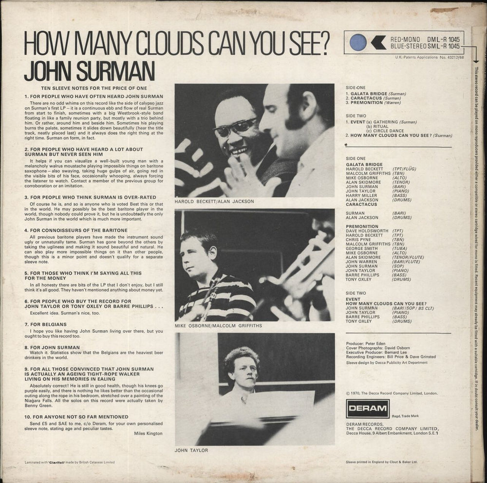 John Surman How Many Clouds Can You See? - 1st - VG+ UK vinyl LP album (LP record)