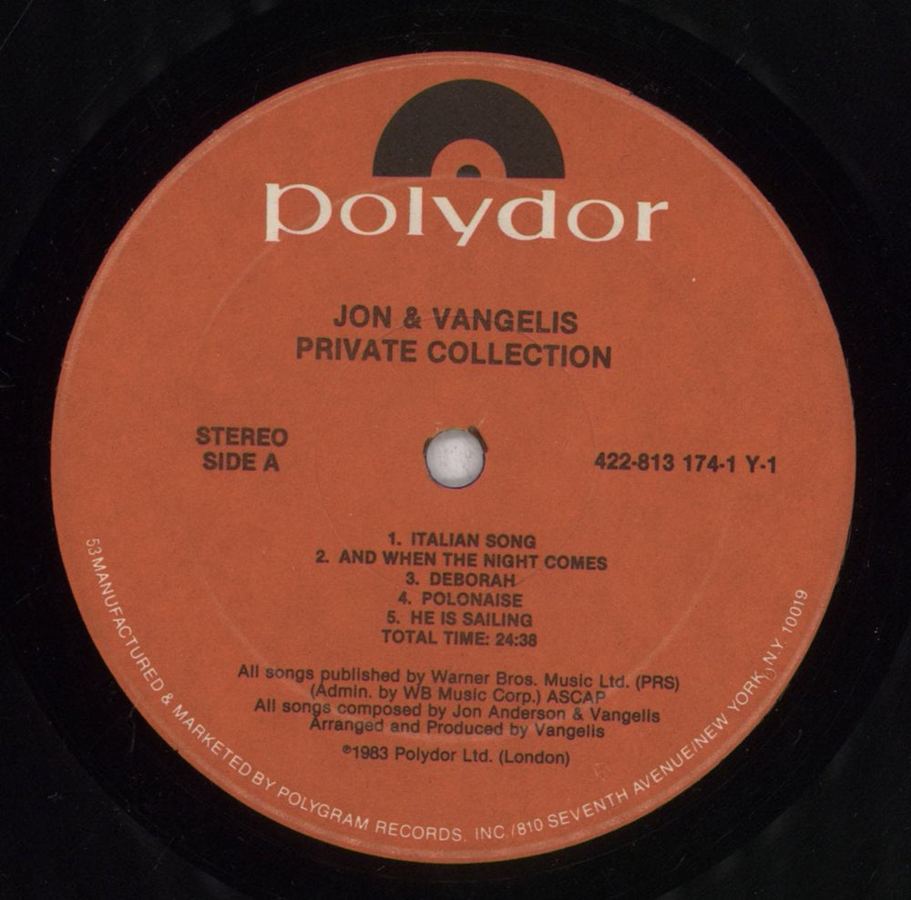 Jon & Vangelis Private Collection US vinyl LP album (LP record) JVALPPR839745