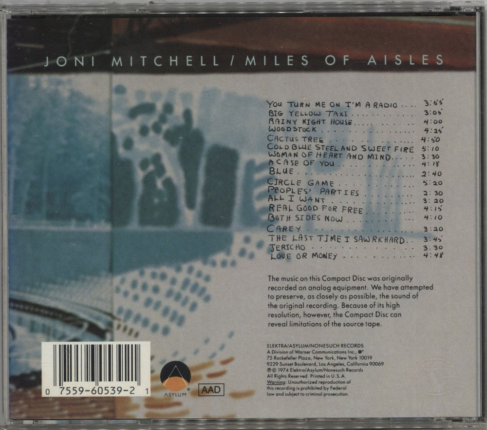 Joni Mitchell Miles Of Asiles US CD album (CDLP) 075596053921