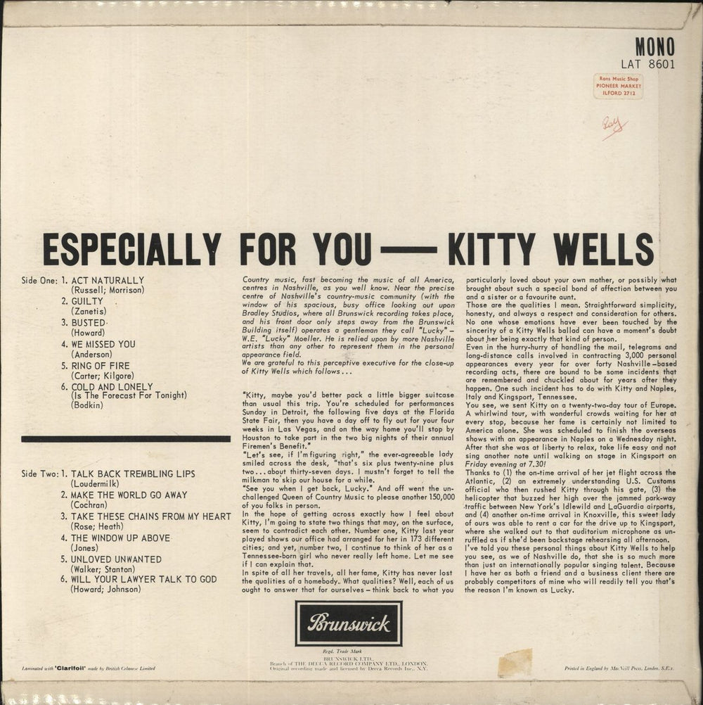 Kitty Wells Especially For You UK vinyl LP album (LP record)