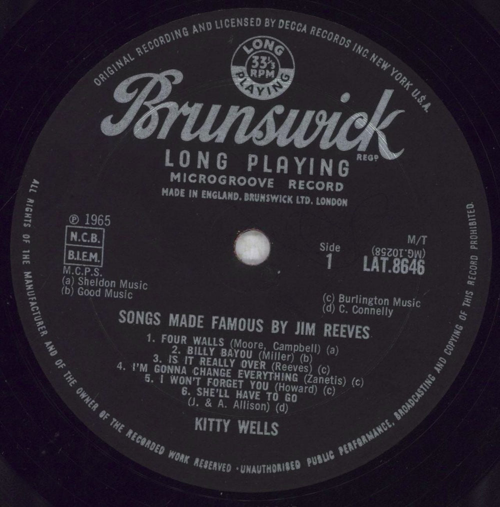 Kitty Wells Sings Songs Made Famous by Jim Reeves UK vinyl LP album (LP record) KI-LPSI847796