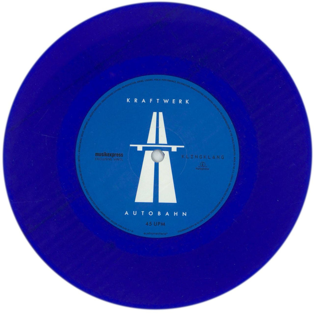 Kraftwerk Autobahn - Blue Vinyl 7" + MusikExpress Magazine German 7" vinyl single (7 inch record / 45) KRA07AU867864