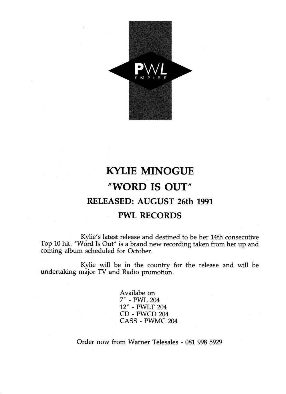 Kylie Minogue Word Is Out UK 7" vinyl single (7 inch record / 45) KYL07WO45817