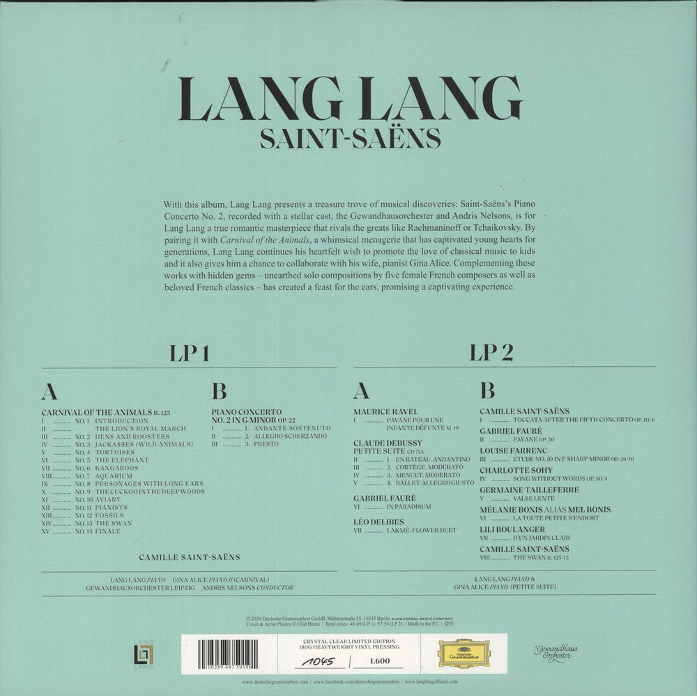 Lang Lang Saint-Saens - 180 Gram Clear Vinyl UK 2-LP vinyl record set (Double LP Album) 028948750191