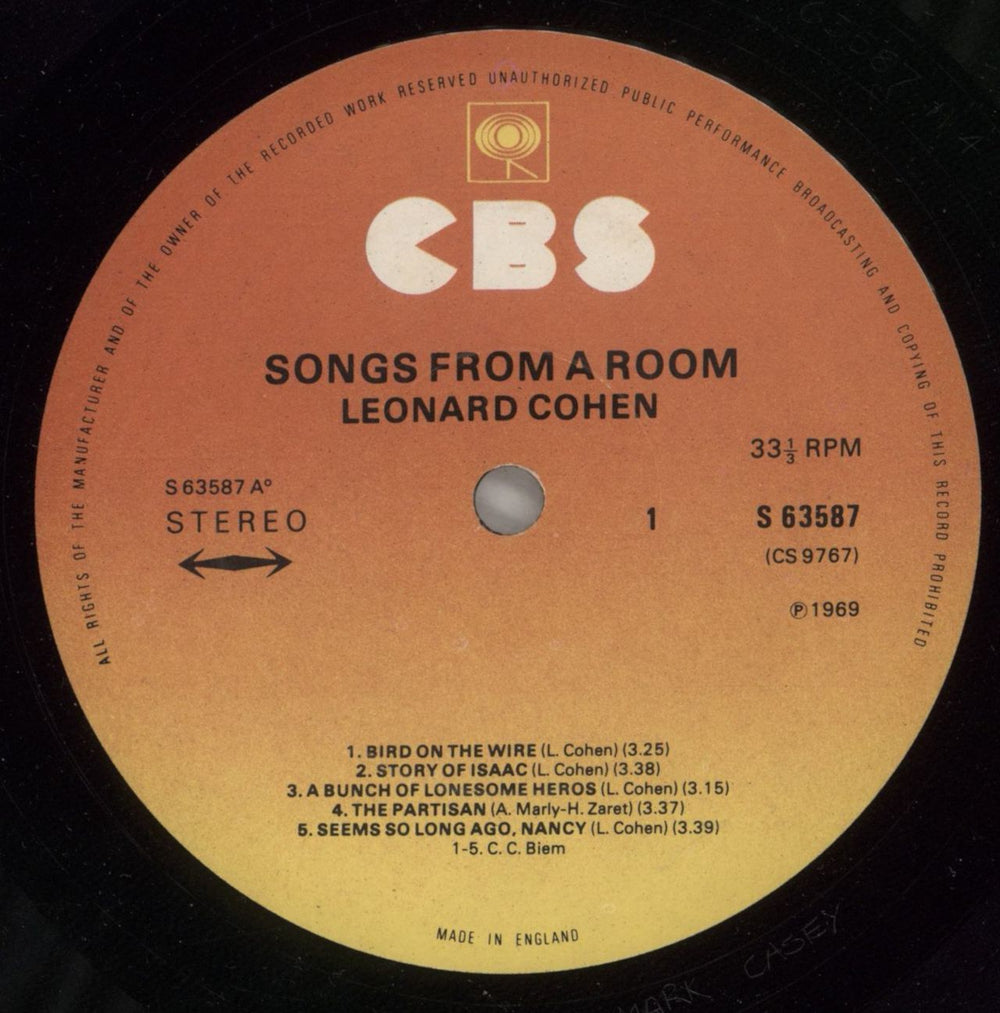 Leonard Cohen Songs From A Room - 3rd UK vinyl LP album (LP record) COHLPSO879346