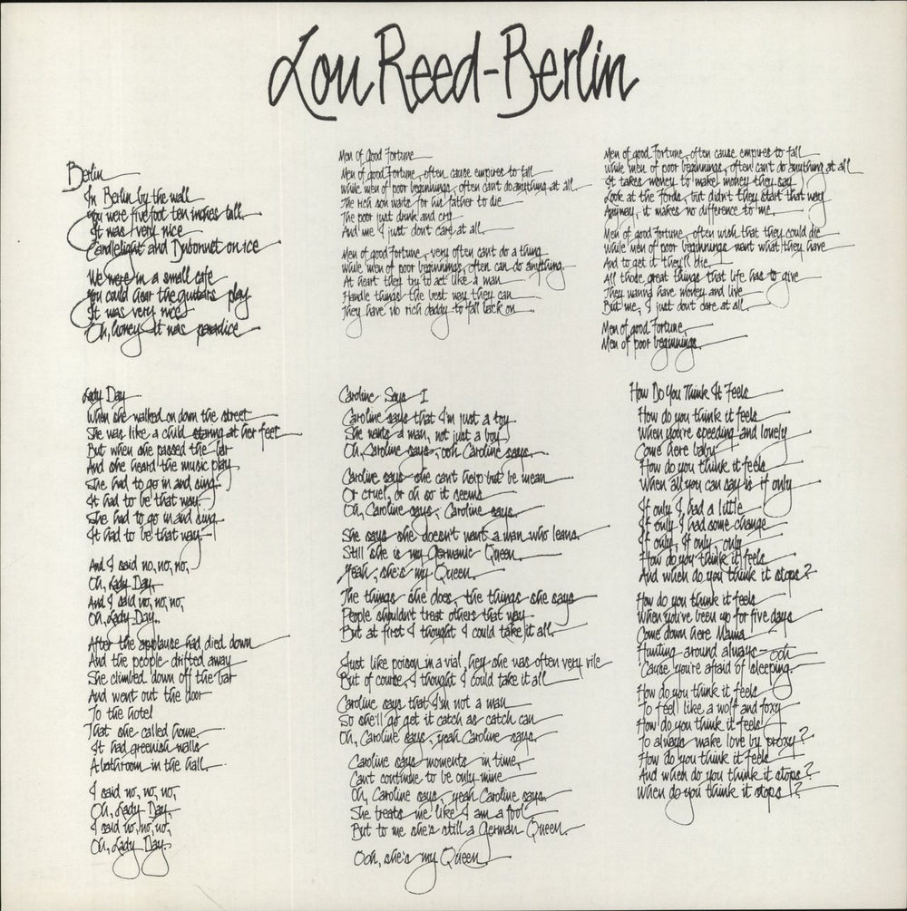 Lou Reed Berlin + Lyric Insert UK vinyl LP album (LP record)