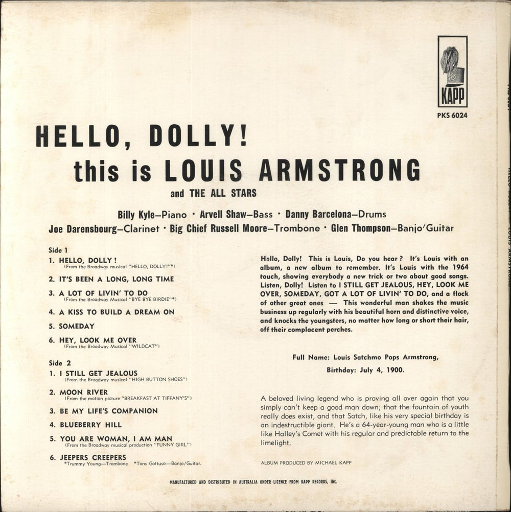 Louis Armstrong Hello, Dolly! Australian vinyl LP album (LP record)
