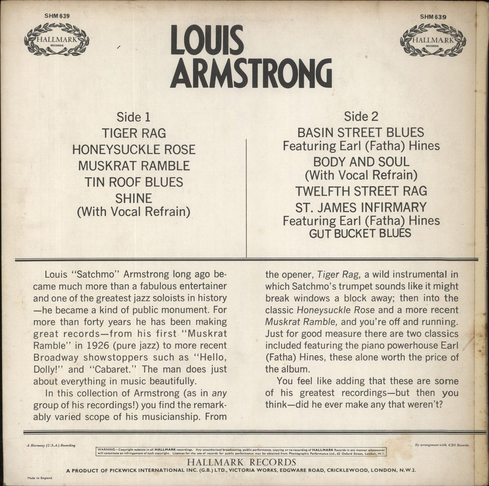 Louis Armstrong Louis Armstrong UK vinyl LP album (LP record)