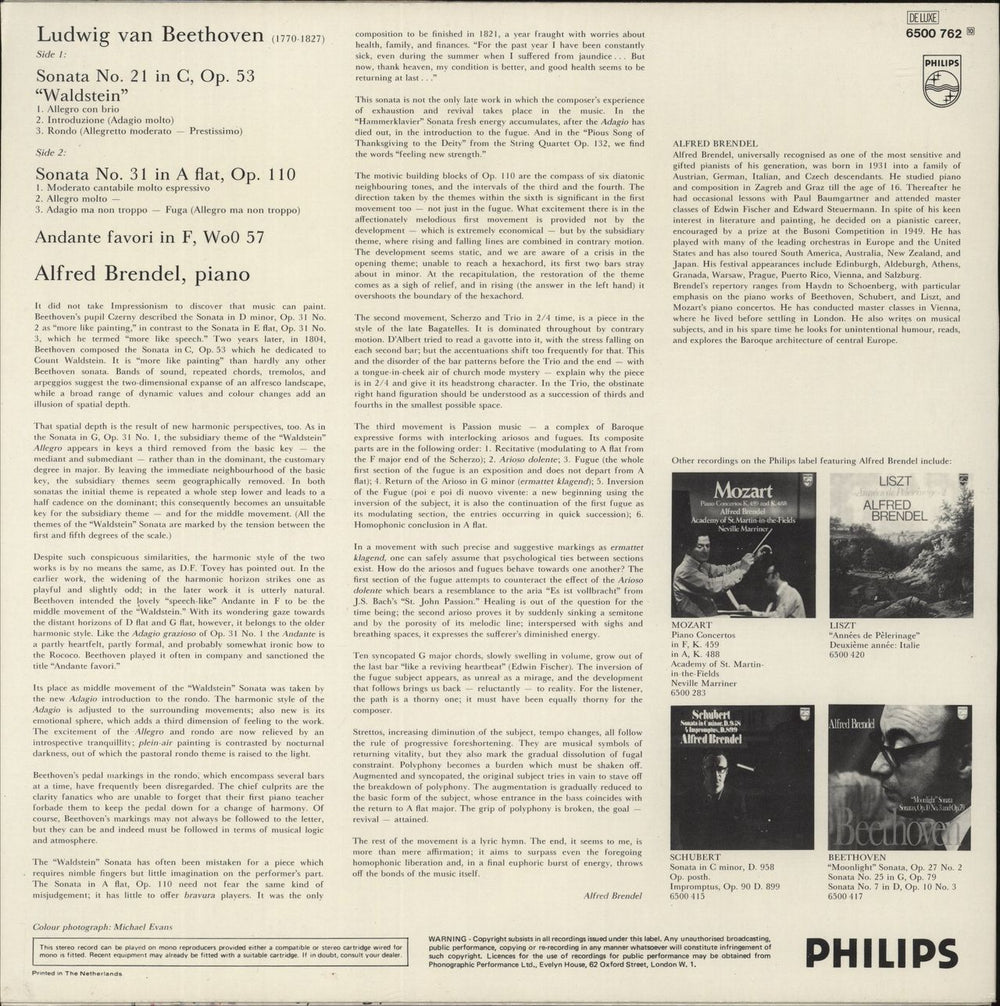 Ludwig Van Beethoven Beethoven: Sonata, Op. 53 "Waldstein" And "Andante Favori", Sonata, Op. 110 Dutch vinyl LP album (LP record)