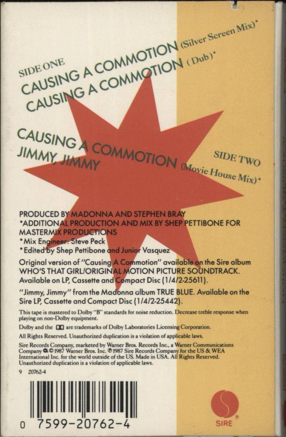 Madonna Causing A Commotion US cassette single 075992076241