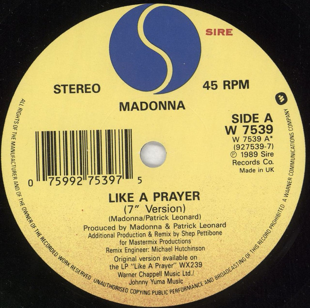 Madonna Like A Prayer - Card Sleeve UK 7" vinyl single (7 inch record / 45) MAD07LI12772